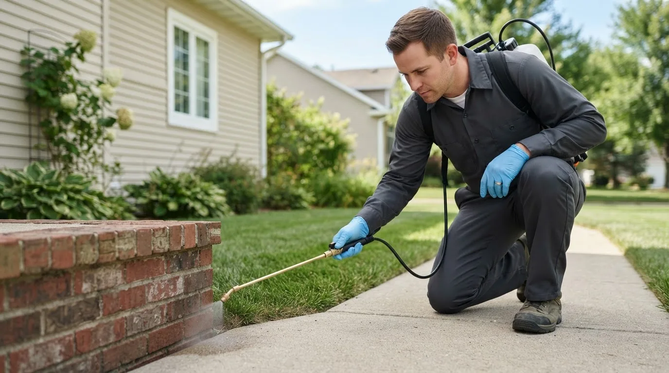 Pest control technician treating a home near Comer, GA